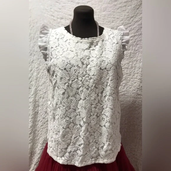 LOFT Tops Loft White Lace Ruffle Sleeve Lined Blouse Poshmark - Main Image